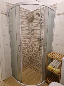 a shower with a glass door in a bathroom at Apartments Mara in Mali Lošinj