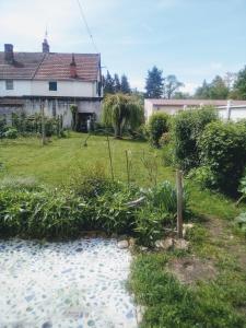 a garden with a stream in front of a house at Maison proche de la Loire Fourchambault in Fourchambault