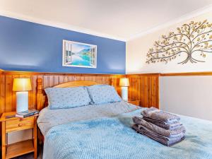 a bedroom with a bed and a blue wall at 3 Bed in Waternish 93005 in Stein