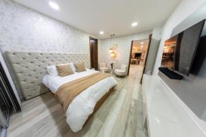 アルメニアにあるHotel Casa Giraldoのベッドルーム(大型ベッド1台、テレビ付)