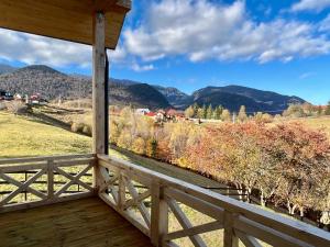 a view of the mountains from the porch of a cabin at Casa Ido sat Pestera Moieciu in Peştera +17 photos