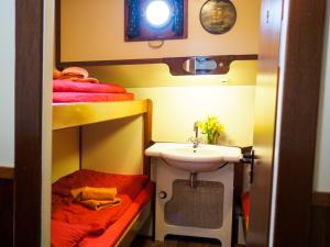 a bathroom with a sink and a bunk bed at Segelschiff Weisse Düne in Neppermin