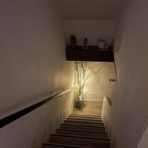 Una escalera con una planta en un jarrón. en La Encina del Abuelo, en La Adrada