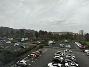 um parque de estacionamento com muitos carros estacionados em Les Dômes du Parc 4e App T3 et T1 proche de toutes commodités em Clermont-Ferrand