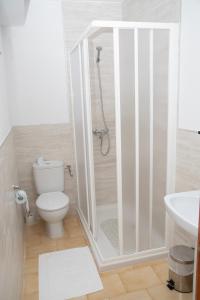 a bathroom with a shower with a toilet and a sink at Pension Cuatro Vientos in Cuevas del Almanzora