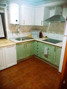 una cocina con armarios verdes y fregadero en Casa rural Los Barreros en Ciudad-Rodrigo