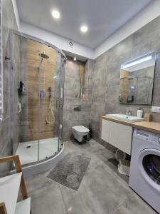 a bathroom with a shower and a toilet and a sink at Charming Apartment in The City Centre, Łódź in Łódź