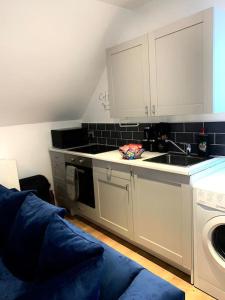 Elegant 3 bed flat with Parking في بورتسماوث: مطبخ صغير مع حوض وغسالة صحون