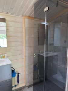 una doccia con porta in vetro in bagno di Salu summer cottage 