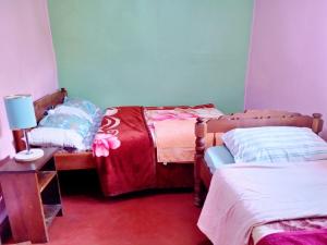 een slaapkamer met 2 bedden en een tafel met een lamp bij GreenField Loitokitok Homestay in Oloitokitok 