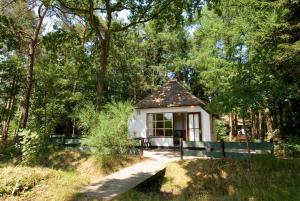 a small cottage in the middle of a forest at Tiny House de Berken in Otterlo