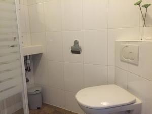 a white bathroom with a toilet and a toilet paper dispenser at Tiny House de Berken in Otterlo