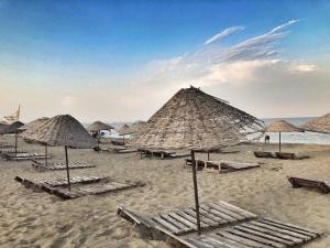 a group of straw umbrellas and lounge chairs on a beach at The rooms hotel in Kumbağ