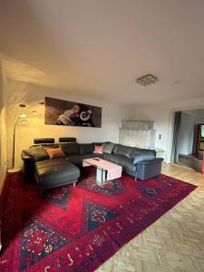 ein Wohnzimmer mit einem Sofa und einem roten Teppich in der Unterkunft Fridas Place - DER Blick über ganz Villach - 160 m2 Familienoase in Villach