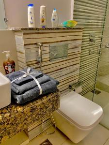uma casa de banho com um WC e um chuveiro com toalhas em Executive Presidential suite em Lahore
