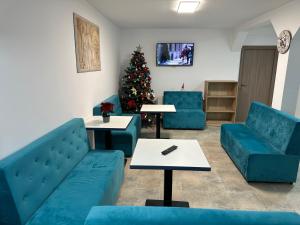 シナイアにあるCasa Roby-lzvor Sinaiaの青いソファとクリスマスツリーが並ぶ待合室