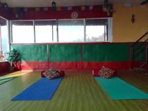 a bowling alley with blue and green mats on the floor at Fewa View Cottage and Yoga Retreat Homestay in Pokhara