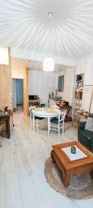 salon ze stołem i kanapą w obiekcie Appartement cosy à 2 pas des rues piétonnes w mieście Chalon-sur-Saône