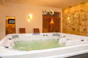 a large bath tub with a shower and a tub at Pensiunea Tobo in Baia de Fier