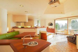 ein Wohnzimmer mit einem grünen Sofa und einer Küche in der Unterkunft Open-air bath & Private hot-spring Villa in Hakone in Onsensō