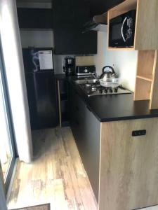 a small kitchen with a stove and a refrigerator at Mobil home détente Biscarrosse in Biscarrosse