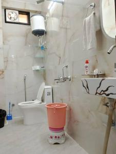 a bathroom with a toilet and a sink and a bucket at Homlee-Vintage Green 2BHK with Terrace & fort View in New Delhi