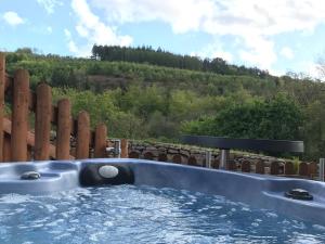 a hot tub in a backyard with a wooden fence at 3 bed in Fowey 53664 in Warleggan