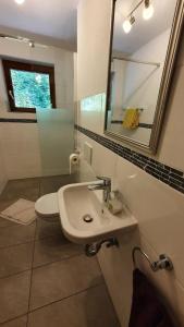 ein Badezimmer mit einem weißen Waschbecken und einem Spiegel in der Unterkunft Ferienwohnung Ampergarten in Grafrath