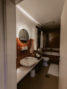 ein Badezimmer mit einem Waschbecken, einem WC und einem Spiegel in der Unterkunft Pod brejgon in Kuzma