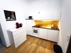 małą kuchnię z białymi szafkami i zlewem w obiekcie Altstadtwohnungen "Kalvarienberg 1C" & "Traunsee 3C" im Zentrum von Gmunden w mieście Gmunden