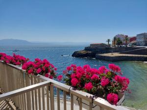 un ramo de flores en un balcón con vistas al océano en Hotel Tematico Do Banco Azul en Finisterre