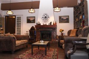 a living room with couches and a fireplace at Pensiunea Tobo in Baia de Fier