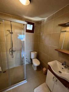 y baño con ducha, aseo y lavamanos. en Two bedroom house by the sea in the village of Bodrum Mazı, en Bodrum City