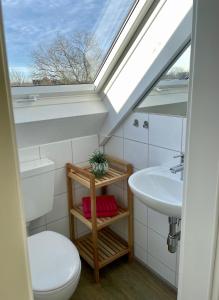uma casa de banho com uma clarabóia e um WC e lavatório. em Wattvogel em Greetsiel