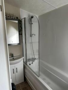 uma casa de banho com um chuveiro e um lavatório. em Yealands Delight em Warton
