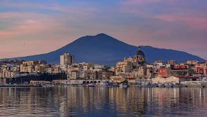 a city on the water with a mountain in the background at Lemon Tree casa vacanze nel verde in Torre Annunziata