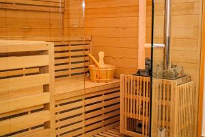 a sauna with a wooden floor and a glass door at Pensiunea Tobo in Baia de Fier
