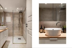 W łazience znajduje się wanna, prysznic i umywalka. w obiekcie 100m to Bryggen I Lux Feeling & Private Patio w Bergen
