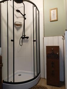 W łazience znajduje się prysznic ze szklanymi drzwiami. w obiekcie Świerkowe Siedlisko pokoje gościnne w Węgorzewie