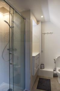 een badkamer met een glazen douche en een toilet bij La Breizhidence in Combourg