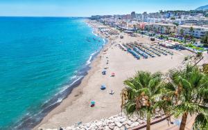 an aerial view of a beach with palm trees and the ocean at M&H Torremolinos in Torremolinos