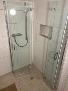 La salle de bains est pourvue d'une douche avec une porte en verre. dans l'établissement Terraluna-Heimbach, à Heimbach
