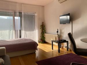 ein Schlafzimmer mit einem Bett und einem TV an der Wand in der Unterkunft Apartment Green Gold in Zagreb