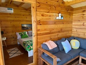 una sala de estar con sofá en una cabaña de madera en Chalets Chomoni 