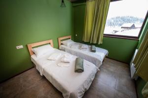two beds in a room with green walls and a window at Bakhmaro Continent in Chʼkhakoura