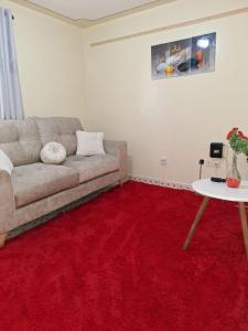 ein Wohnzimmer mit einem Sofa und einem roten Teppich in der Unterkunft The Sunset in Nairobi