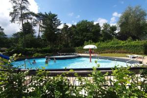 um grupo de pessoas em uma piscina com um guarda-sol em Familiehuis De Erica - 12 p em Otterlo