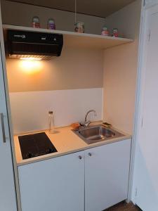 a small kitchen with a sink and a stove at Le Bon Séjour, studio à 2 pas du Futuroscope in Chasseneuil-du-Poitou