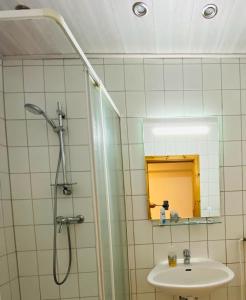 ein Bad mit einer Dusche, einem Waschbecken und einem Spiegel in der Unterkunft Pension K.Krause in Salzgitter