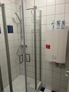 バンベルクにある4rooms - Bamberger Gemütlichkeitのバスルーム(ガラスドア付きのシャワー付)
